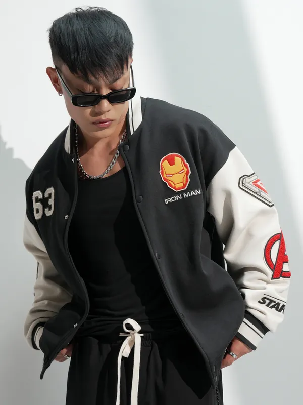 Marvel By Highlander Men Black Iron Man Oversized Fit Varsity Jacket