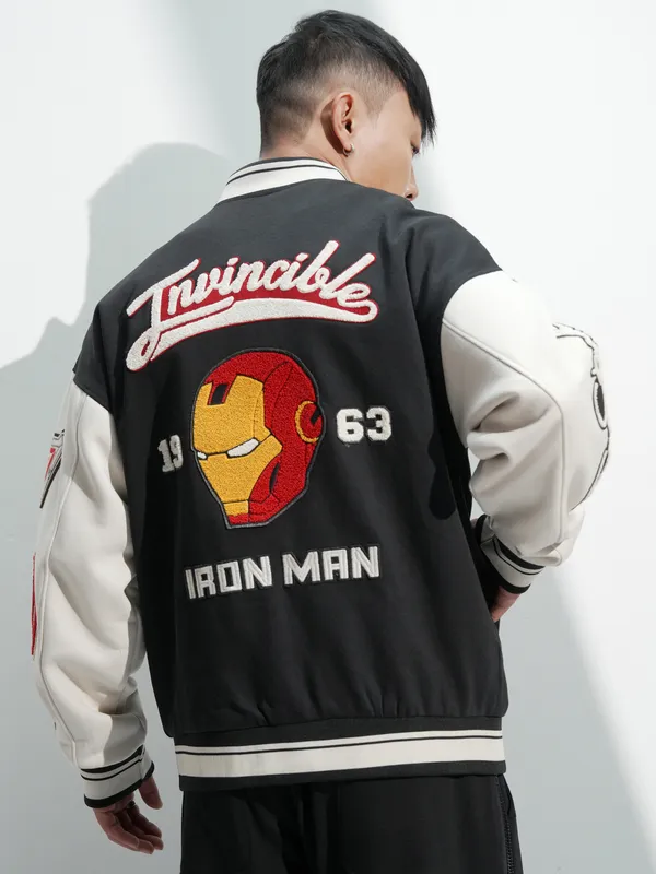 Marvel By Highlander Men Black Iron Man Oversized Fit Varsity Jacket