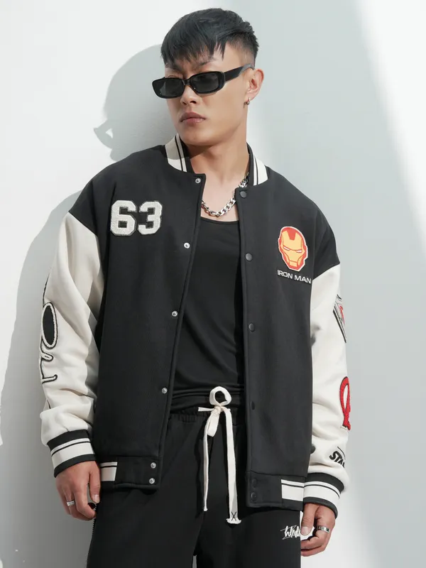 Marvel By Highlander Men Black Iron Man Oversized Fit Varsity Jacket
