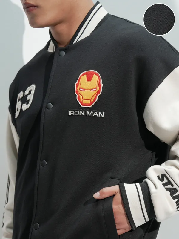 Marvel By Highlander Men Black Iron Man Oversized Fit Varsity Jacket