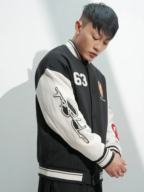 Marvel By Highlander Men Black Iron Man Oversized Fit Varsity Jacket