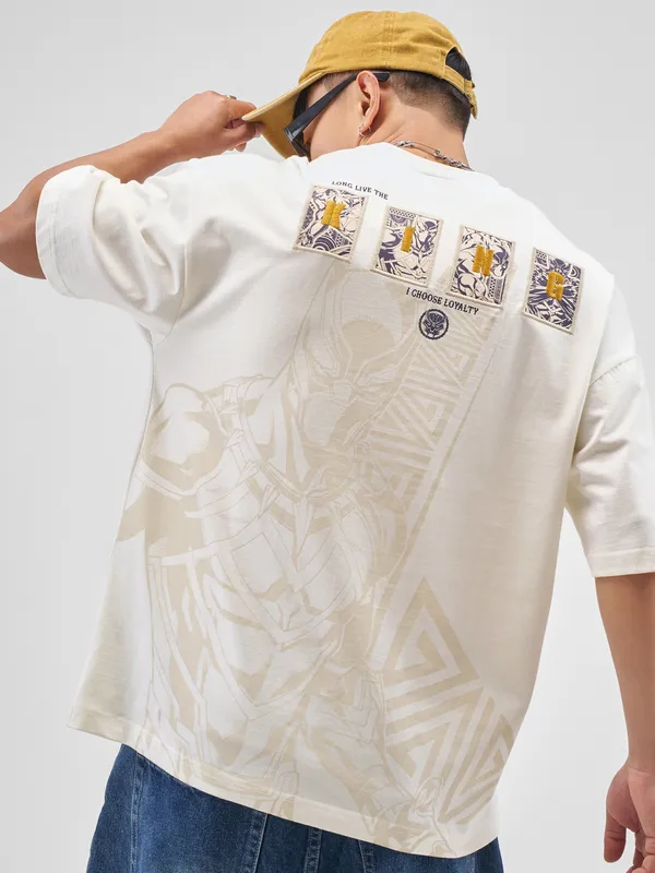 Marvel By Highlander Men Off White Black Panther Printed Round Neck Oversized Fit T-Shirt