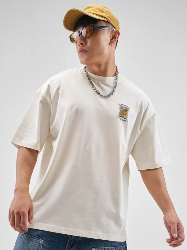 Marvel By Highlander Men Off White Black Panther Printed Round Neck Oversized Fit T-Shirt