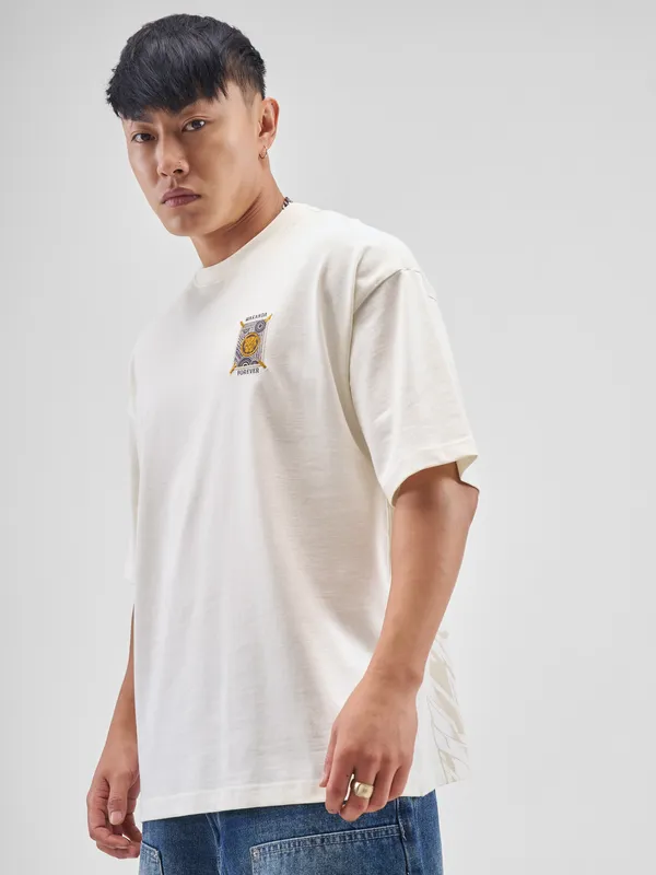 Marvel By Highlander Men Off White Black Panther Printed Round Neck Oversized Fit T-Shirt