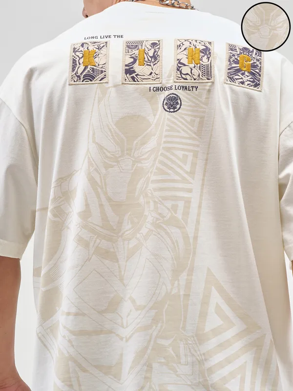 Marvel By Highlander Men Off White Black Panther Printed Round Neck Oversized Fit T-Shirt