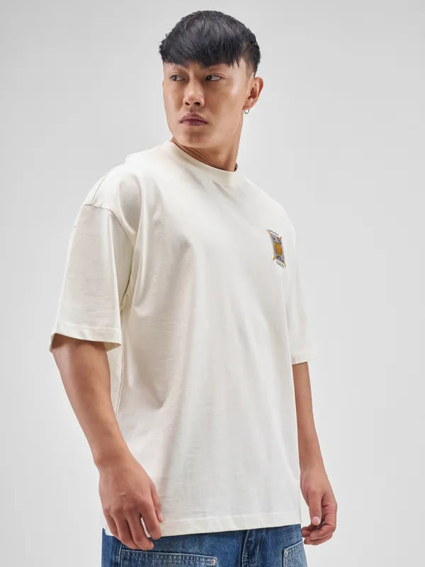 Marvel By Highlander Men Off White Black Panther Printed Round Neck Oversized Fit T-Shirt