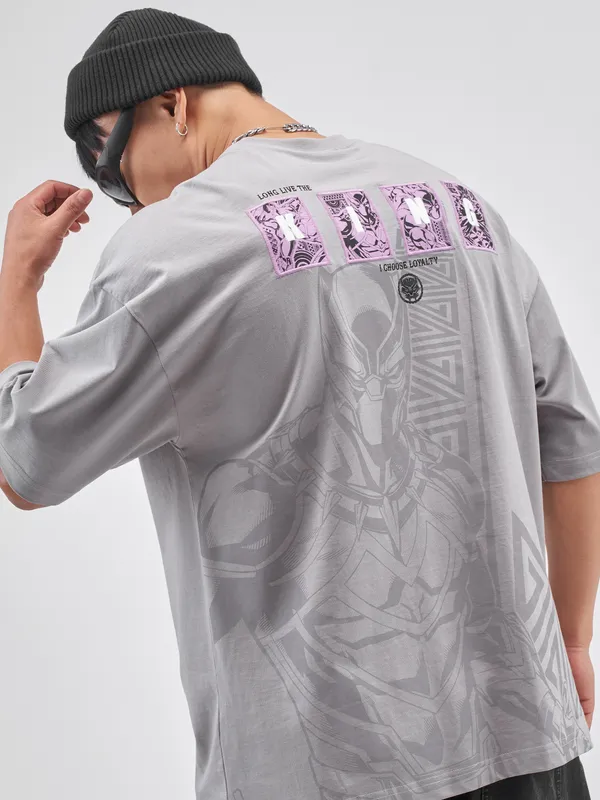 Marvel By Highlander Men Grey Black Panther Printed Round Neck Oversized Fit T-Shirt