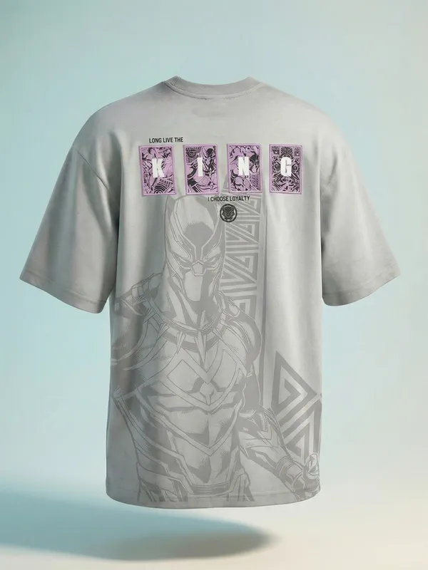 Marvel By Highlander Men Grey Black Panther Printed Round Neck Oversized Fit T-Shirt