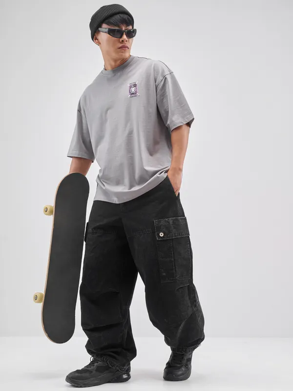 Marvel By Highlander Men Grey Black Panther Printed Round Neck Oversized Fit T-Shirt