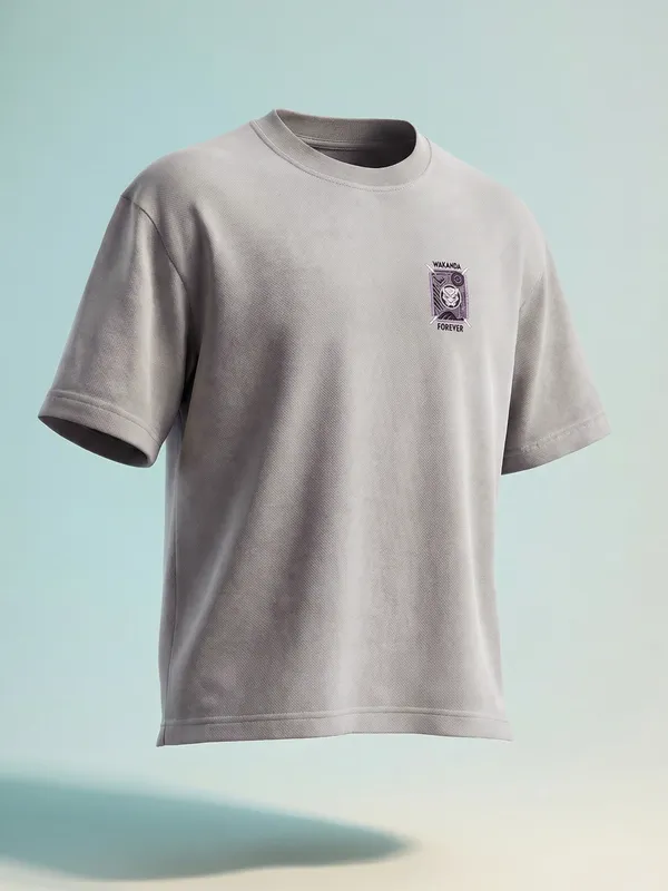 Marvel By Highlander Men Grey Black Panther Printed Round Neck Oversized Fit T-Shirt