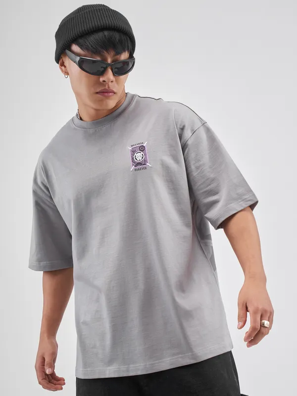 Marvel By Highlander Men Grey Black Panther Printed Round Neck Oversized Fit T-Shirt