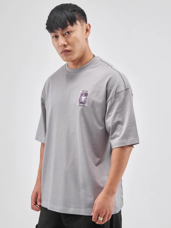 Marvel By Highlander Men Grey Black Panther Printed Round Neck Oversized Fit T-Shirt