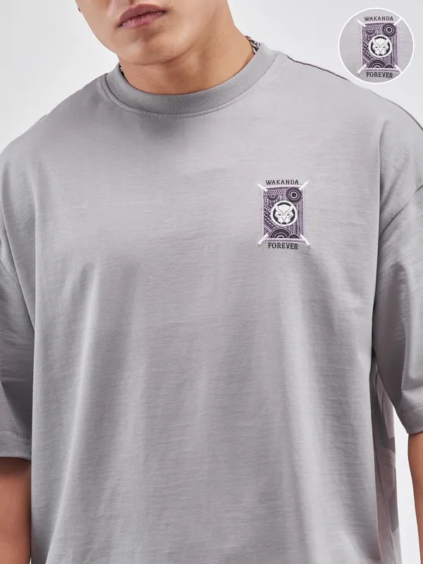 Marvel By Highlander Men Grey Black Panther Printed Round Neck Oversized Fit T-Shirt