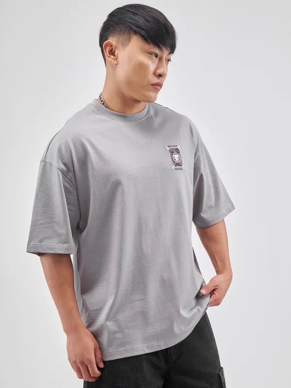 Marvel By Highlander Men Grey Black Panther Printed Round Neck Oversized Fit T-Shirt