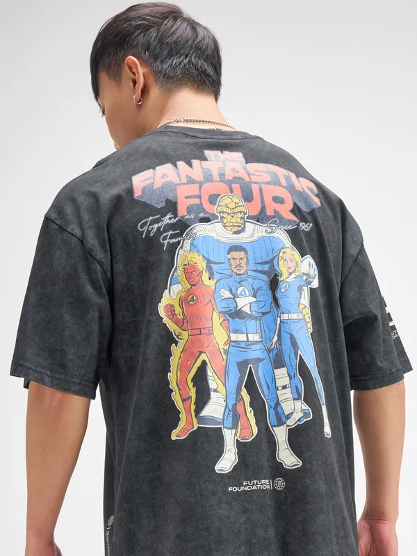 Marvel By Highlander Men Black The Fantastic Four Printed Round Neck Oversized Fit T-Shirt