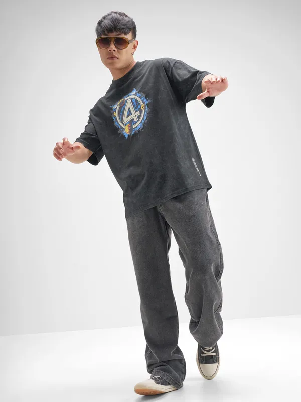 Marvel By Highlander Men Black The Fantastic Four Printed Round Neck Oversized Fit T-Shirt