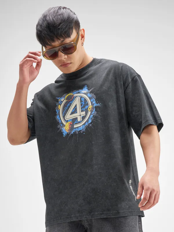 Marvel By Highlander Men Black The Fantastic Four Printed Round Neck Oversized Fit T-Shirt