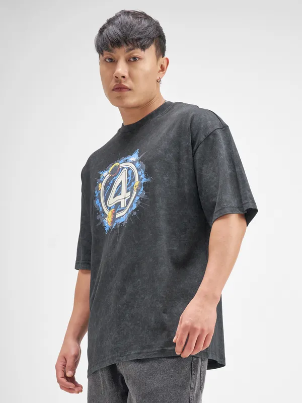 Marvel By Highlander Men Black The Fantastic Four Printed Round Neck Oversized Fit T-Shirt