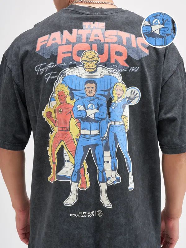 Marvel By Highlander Men Black The Fantastic Four Printed Round Neck Oversized Fit T-Shirt