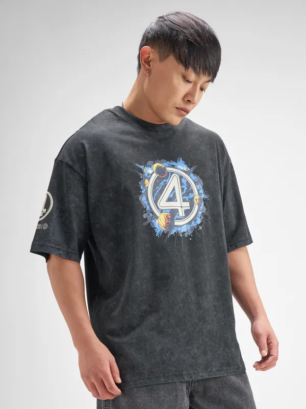 Marvel By Highlander Men Black The Fantastic Four Printed Round Neck Oversized Fit T-Shirt