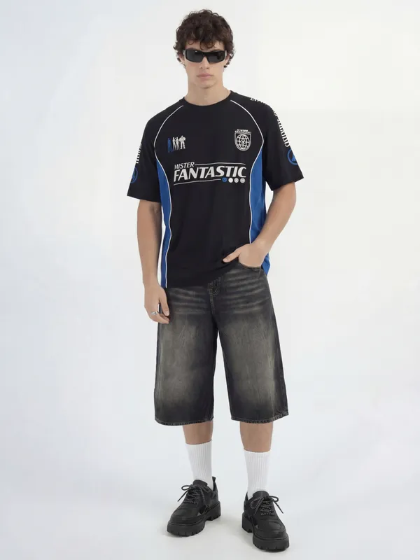 Marvel By Highlander Men Black The Fantastic Four Printed Round Neck Oversized Fit T-Shirt