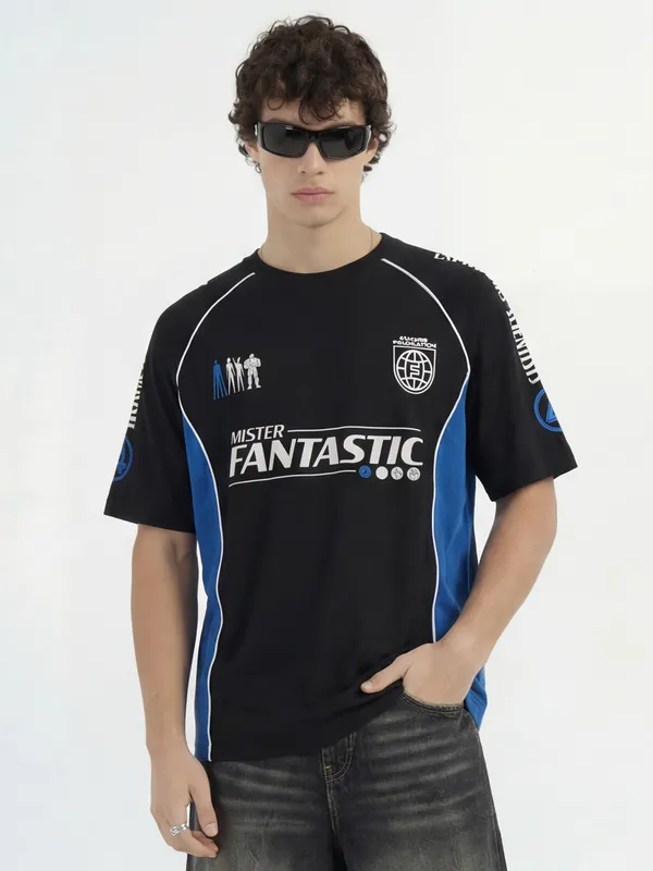 Marvel By Highlander Men Black The Fantastic Four Printed Round Neck Oversized Fit T-Shirt