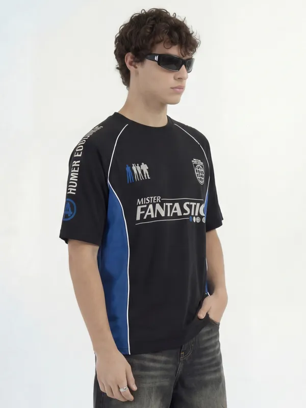 Marvel By Highlander Men Black The Fantastic Four Printed Round Neck Oversized Fit T-Shirt