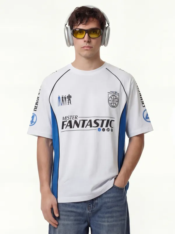 Marvel By Highlander Men White The Fantastic Four Printed Round Neck Oversized Fit T-Shirt