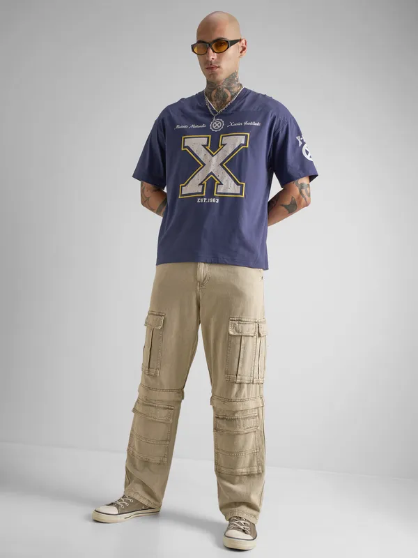 Marvel By Highlander Men Blue Embroidered V-Neck T-Shirt