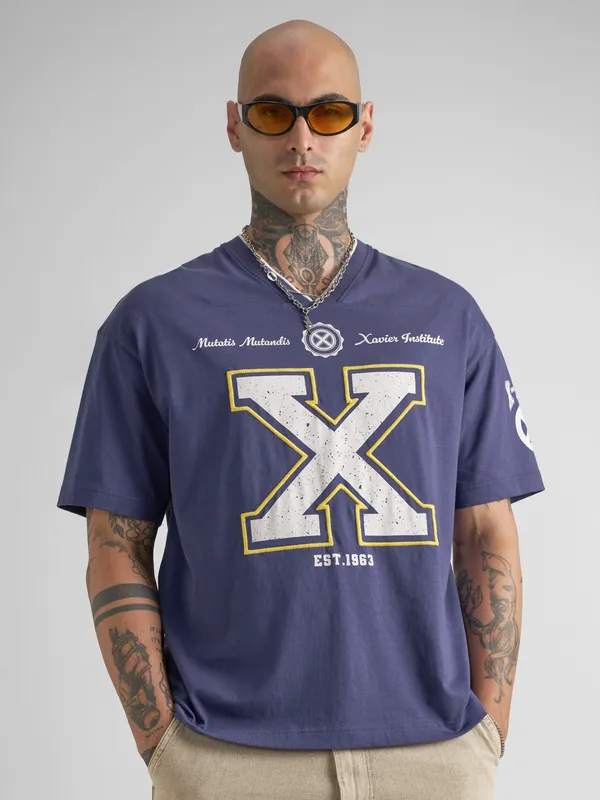 Marvel By Highlander Men Blue Embroidered V-Neck T-Shirt