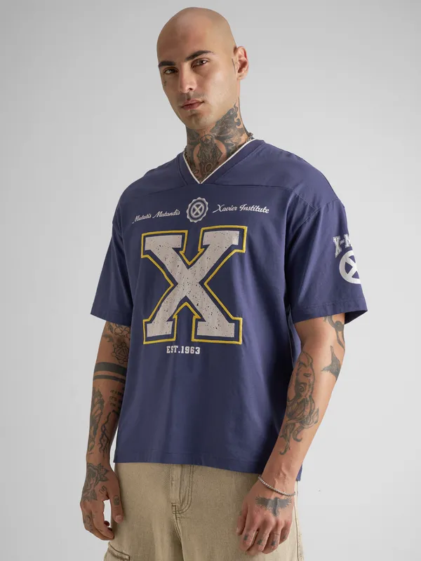 Marvel By Highlander Men Blue Embroidered V-Neck T-Shirt