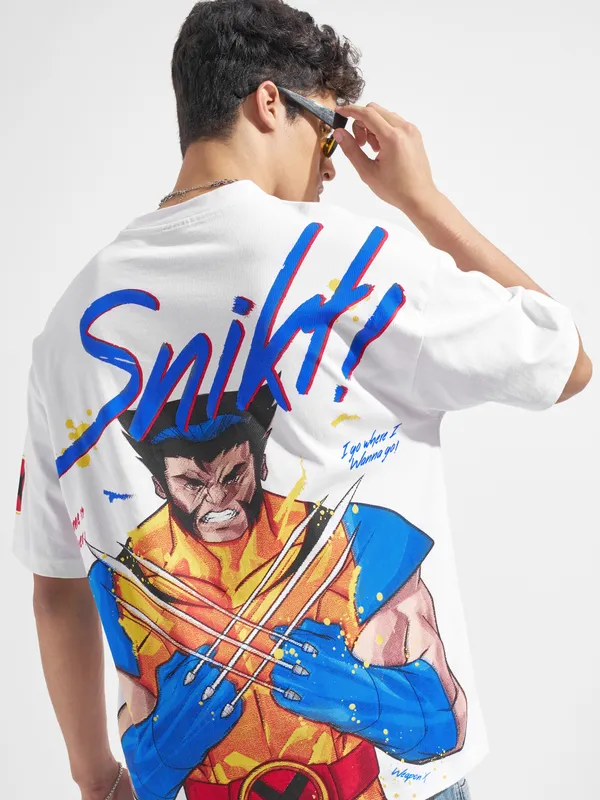 Marvel By Highlander Men White X-Men Printed Round Neck Oversized Fit T-Shirt