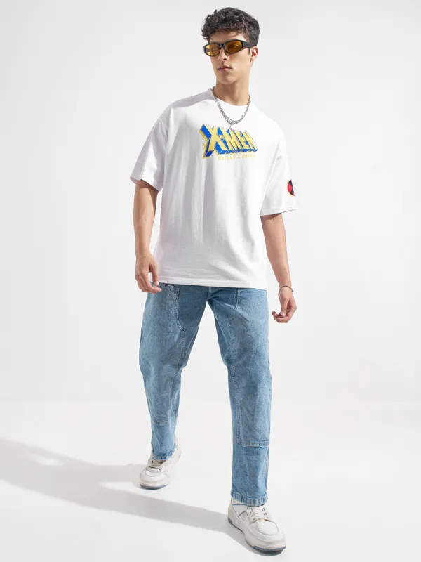 Marvel By Highlander Men White X-Men Printed Round Neck Oversized Fit T-Shirt
