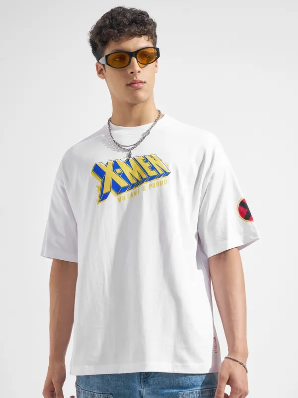 Marvel By Highlander Men White X-Men Printed Round Neck Oversized Fit T-Shirt
