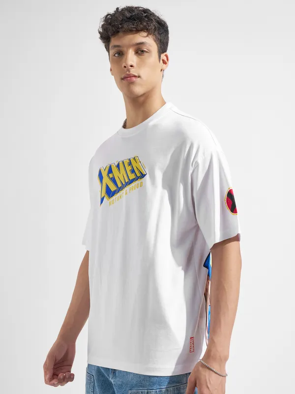 Marvel By Highlander Men White X-Men Printed Round Neck Oversized Fit T-Shirt