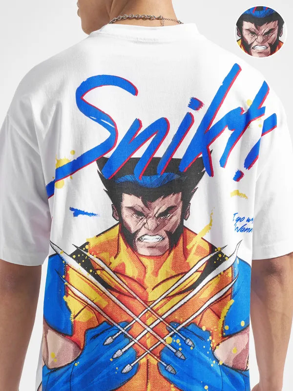 Marvel By Highlander Men White X-Men Printed Round Neck Oversized Fit T-Shirt