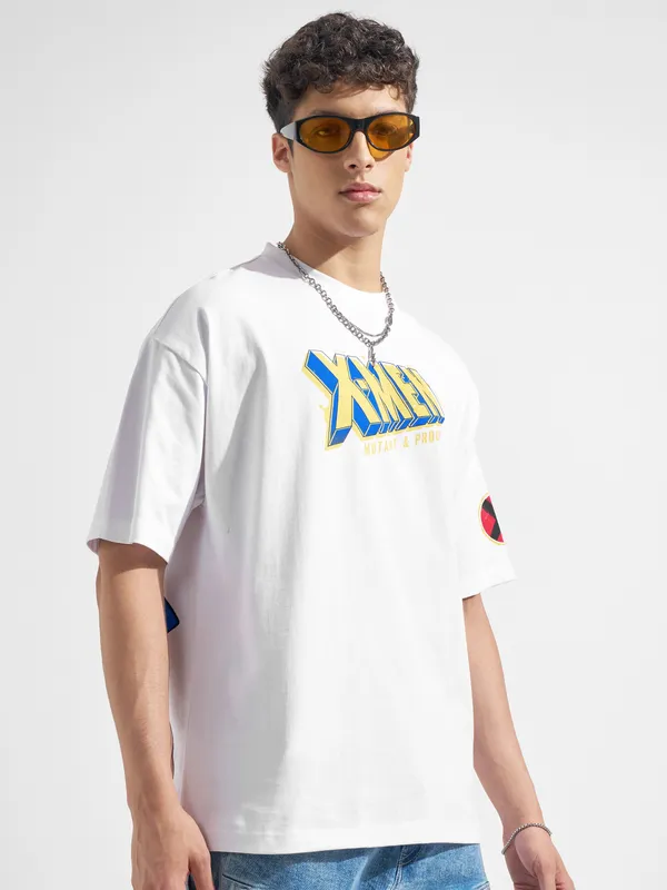 Marvel By Highlander Men White X-Men Printed Round Neck Oversized Fit T-Shirt