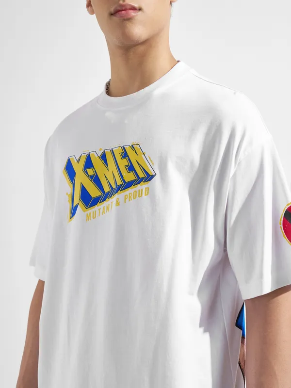 Marvel By Highlander Men White X-Men Printed Round Neck Oversized Fit T-Shirt