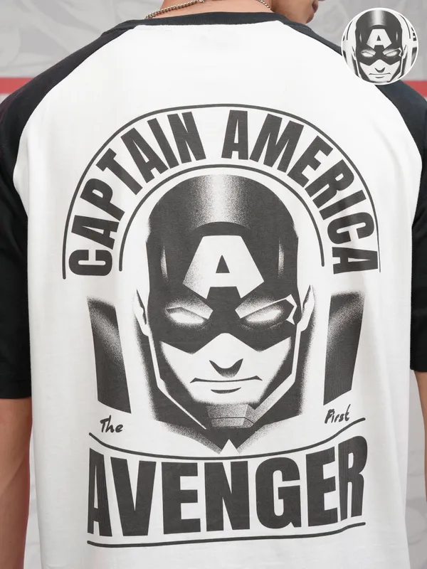 Marvel By Highlander Men White Captain America Printed Round Neck Oversized Fit T-Shirt