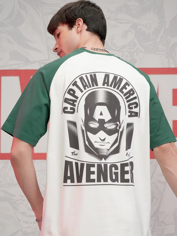 Marvel By Highlander Men Off White Captain America Printed Round Neck Oversized Fit T-Shirt