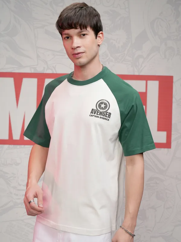 Marvel By Highlander Men Off White Captain America Printed Round Neck Oversized Fit T-Shirt
