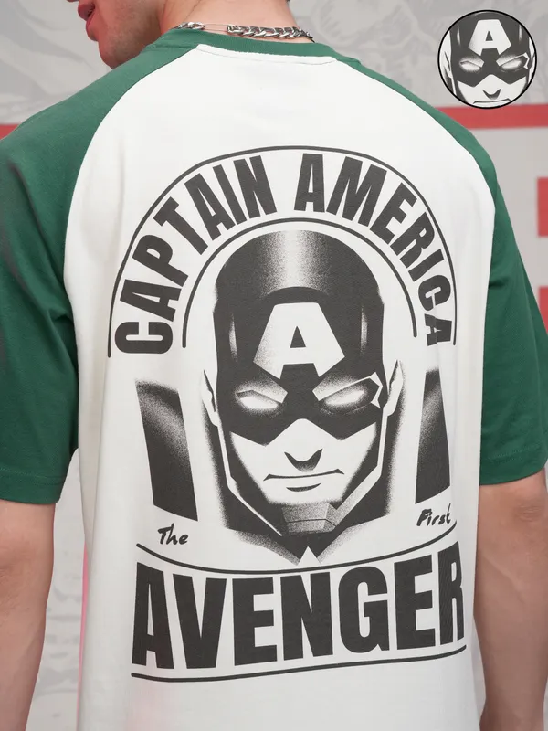 Marvel By Highlander Men Off White Captain America Printed Round Neck Oversized Fit T-Shirt