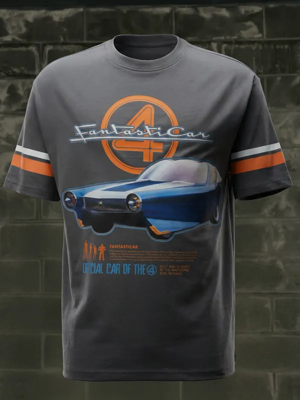 Marvel By Highlander Men Grey Fantasticar Printed Round Neck T-Shirt