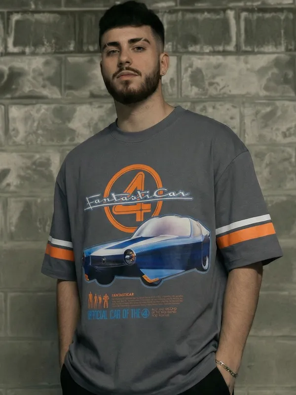 Marvel By Highlander Men Grey Fantasticar Printed Round Neck T-Shirt