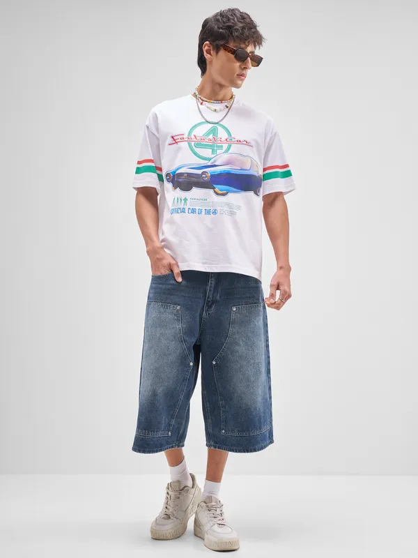 Marvel By Highlander Men White Fantasticar Printed Round Neck T-Shirt