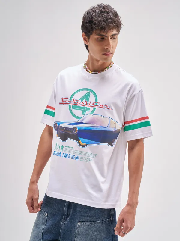 Marvel By Highlander Men White Fantasticar Printed Round Neck T-Shirt