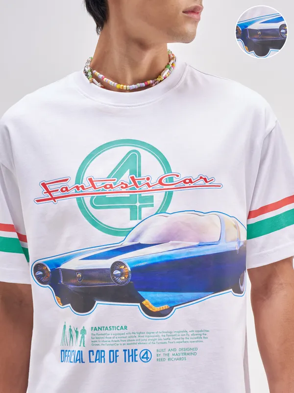 Marvel By Highlander Men White Fantasticar Printed Round Neck T-Shirt