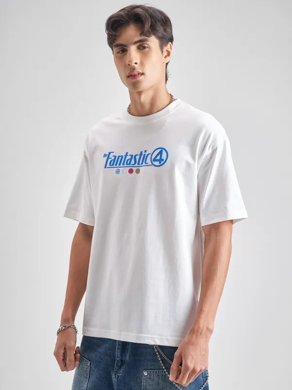 Marvel By Highlander Men White The Fantastic Four Printed Round Neck T-Shirt