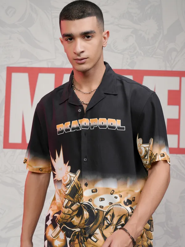Marvel By Highlander Men Black Deadpool Printed Relaxed Fit Casual Shirt