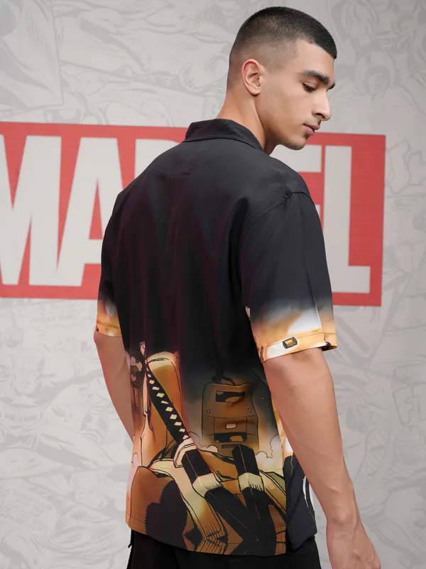 Marvel By Highlander Men Black Deadpool Printed Relaxed Fit Casual Shirt